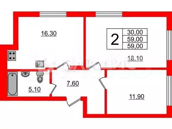 2-к. квартира, 60 м, 1/14 эт. - Фото 0