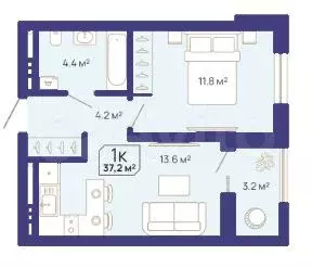 1-к. квартира, 37 м, 6/9 эт. - Фото 1