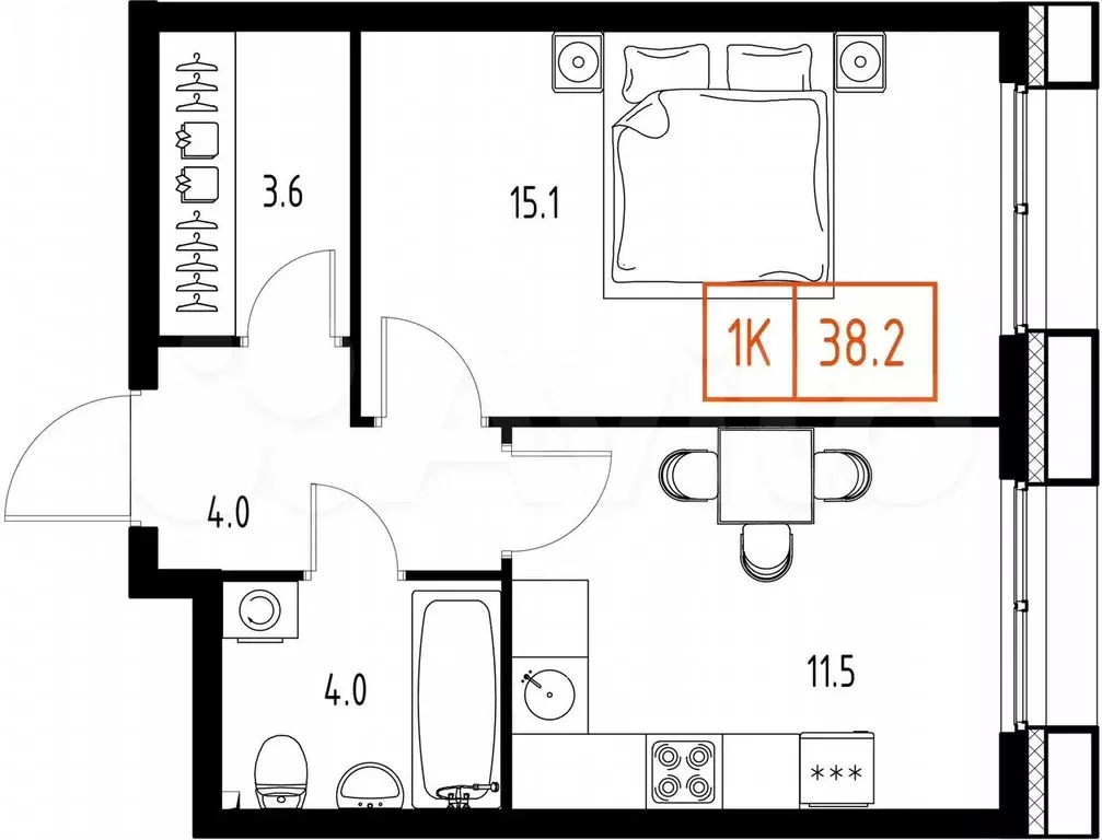 1-к. квартира, 38,2 м, 4/9 эт. - Фото 0