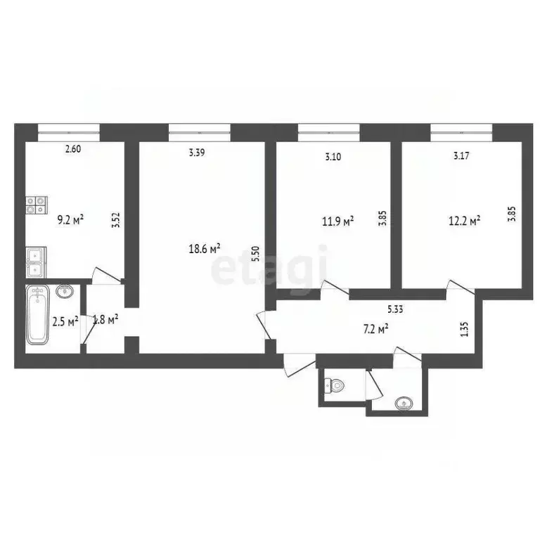 3-к кв. Ямало-Ненецкий АО, Губкинский ул. Железнодорожная, 6 (65.8 м) - Фото 2
