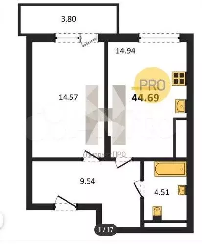 1-к. квартира, 44,7 м, 6/7 эт. - Фото 1