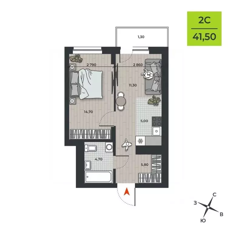 2-к кв. Новосибирская область, Новосибирск ДНК жилой комплекс (42.7 м) - Фото 2