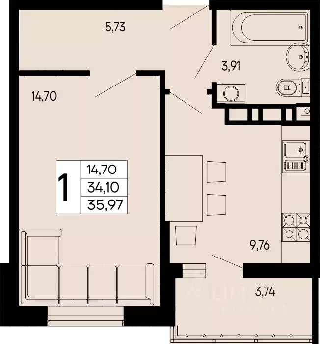 1-к кв. Адыгея, Майкоп 9 Мая ул. (35.97 м) - Фото 1