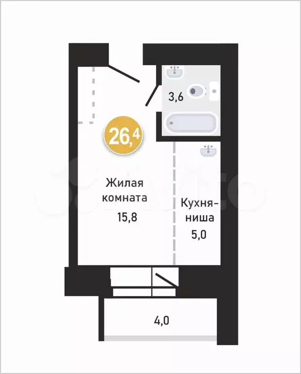 Квартира-студия, 26,3 м, 6/12 эт. - Фото 0