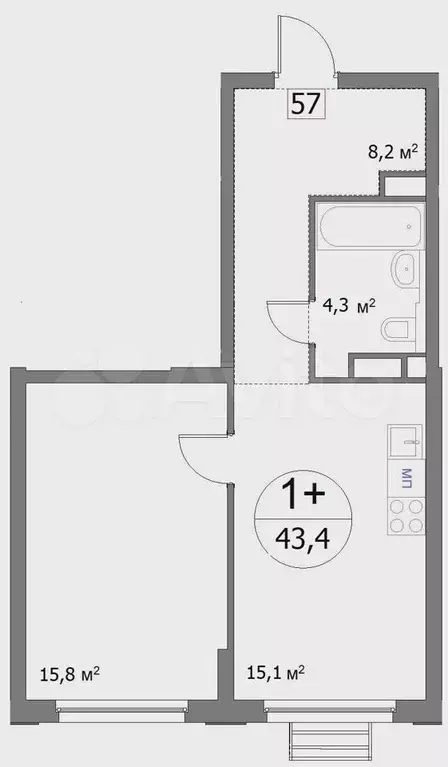 1-к. квартира, 43,4 м, 8/22 эт. - Фото 1