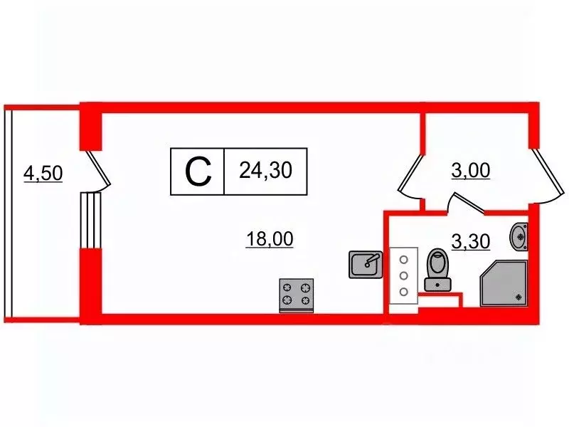 Студия Санкт-Петербург Фарфоровская ул., 7к2 (24.3 м) - Фото 1