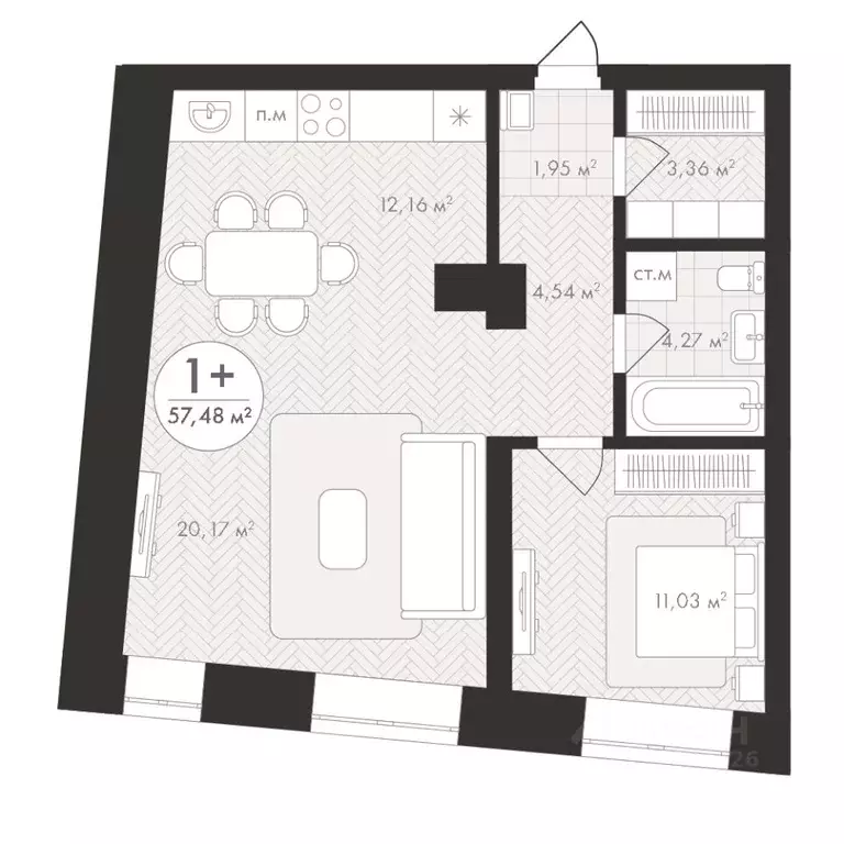 1-к кв. Башкортостан, Уфа Южный-2 мкр,  (57.48 м) - Фото 1