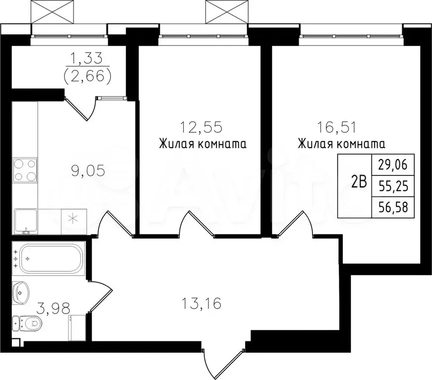 2-к. квартира, 56,6 м, 4/15 эт. - Фото 0