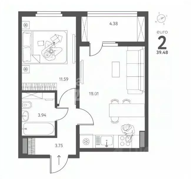 2-к кв. Липецкая область, Липецк ул. Перова, 2Д (39.48 м) - Фото 2