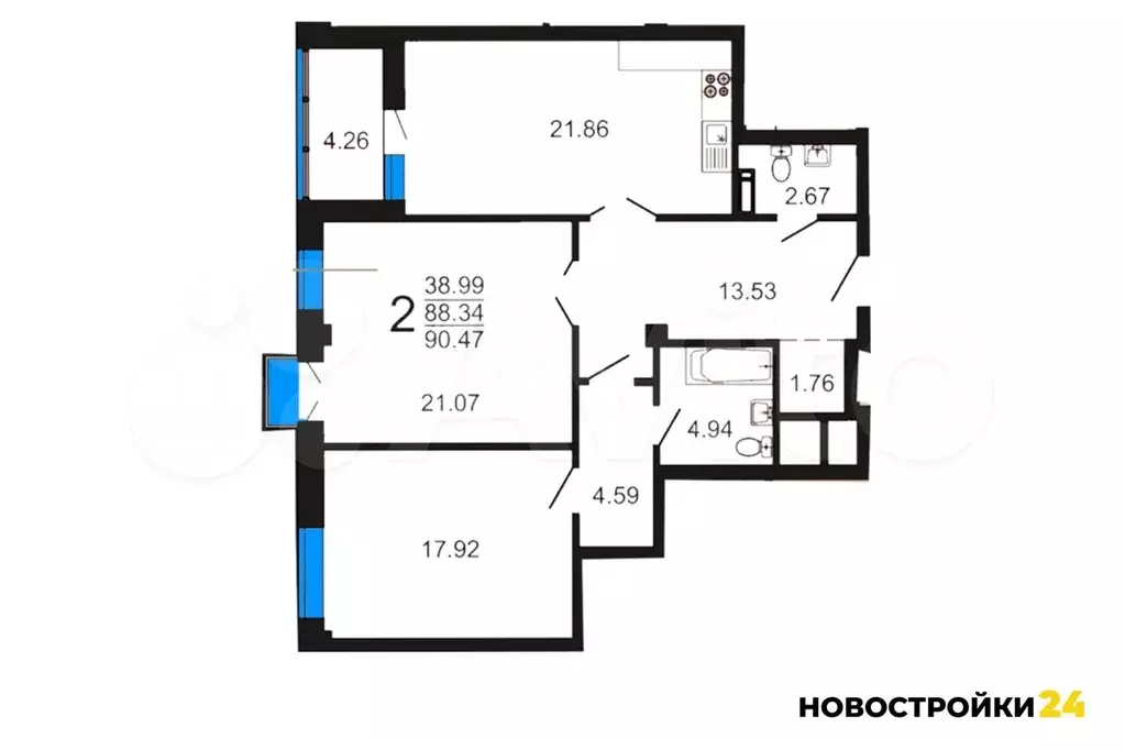 3-к. квартира, 90,2 м, 3/8 эт. - Фото 1