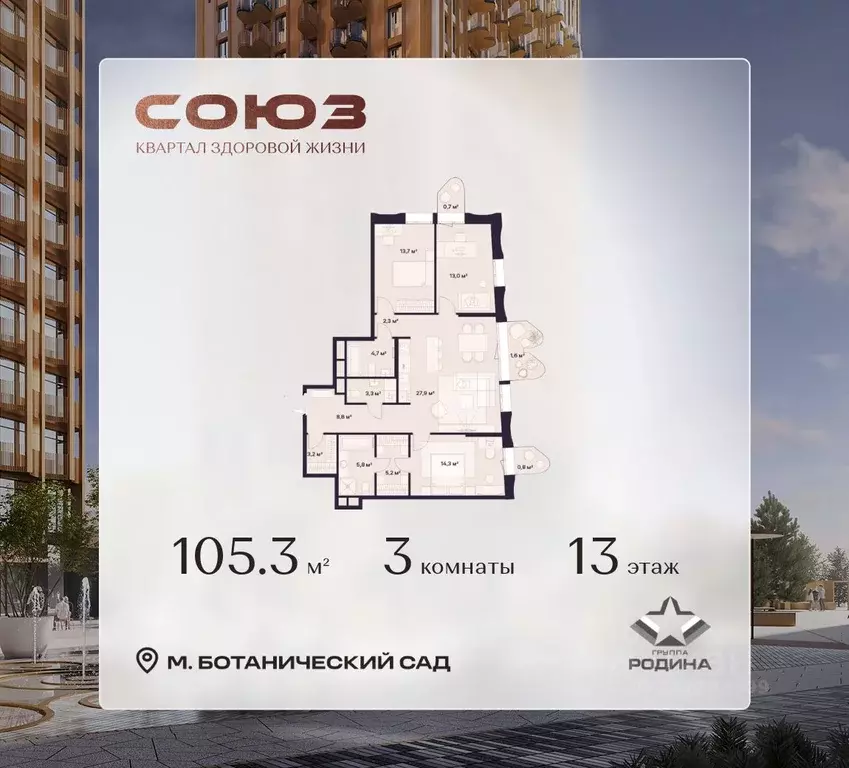 3-к кв. Москва Союз жилой комплекс, к5 (105.3 м) - Фото 1