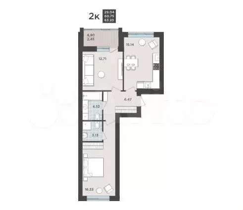 2-к. квартира, 63,2 м, 1/9 эт. - Фото 1
