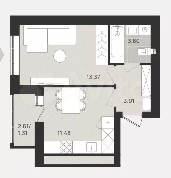 1-к. квартира, 33,9 м, 7/9 эт. - Фото 1