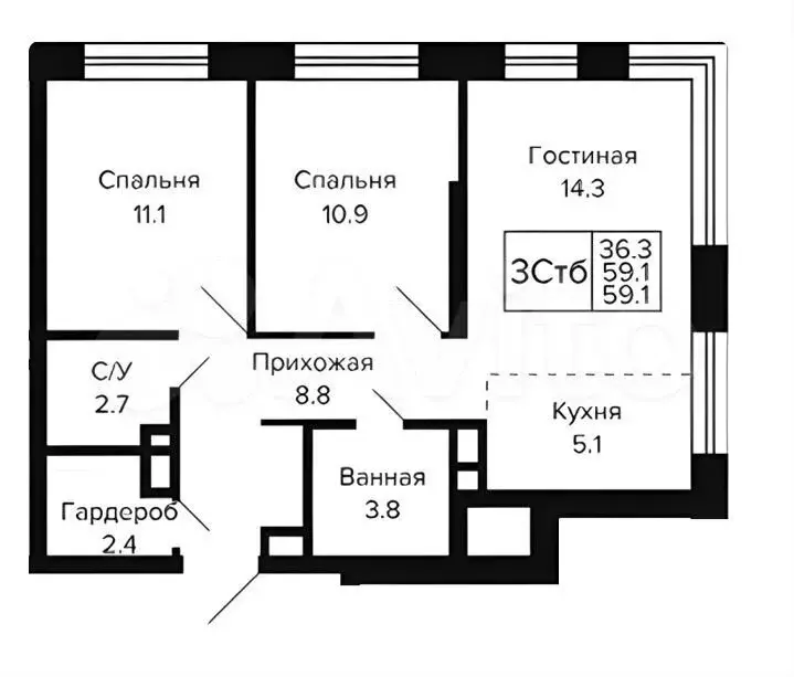 3-к. квартира, 59,1 м, 14/23 эт. - Фото 0