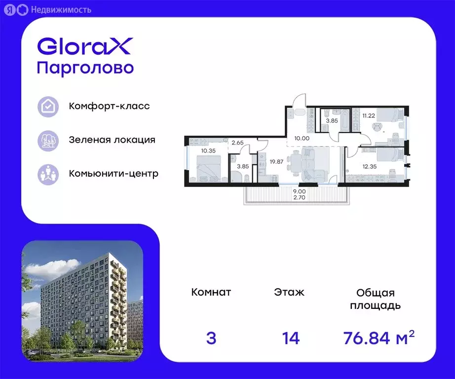 3-комнатная квартира: Санкт-Петербург, посёлок Парголово, жилой ... - Фото 0