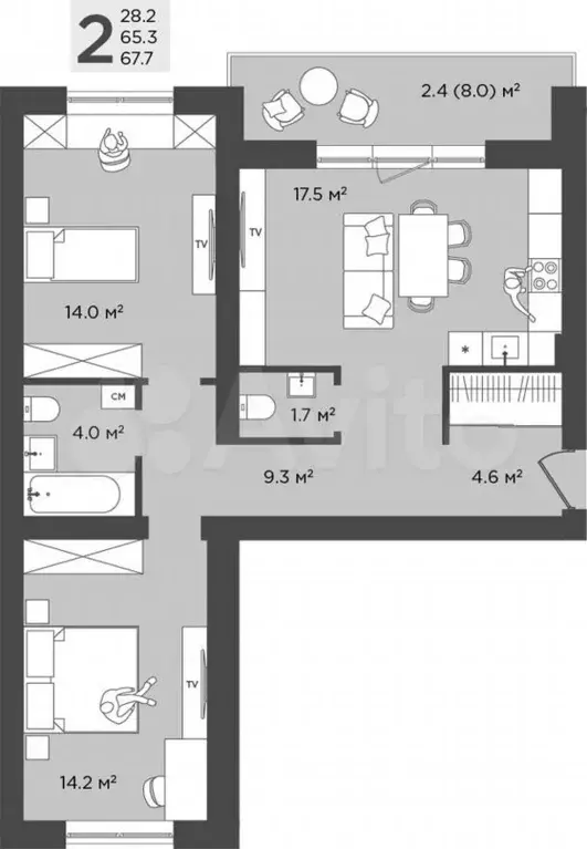 2-к. квартира, 67,7 м, 2/4 эт. - Фото 1