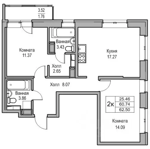 2-к кв. Санкт-Петербург ул. Ивинская, 1к1 (60.74 м) - Фото 0