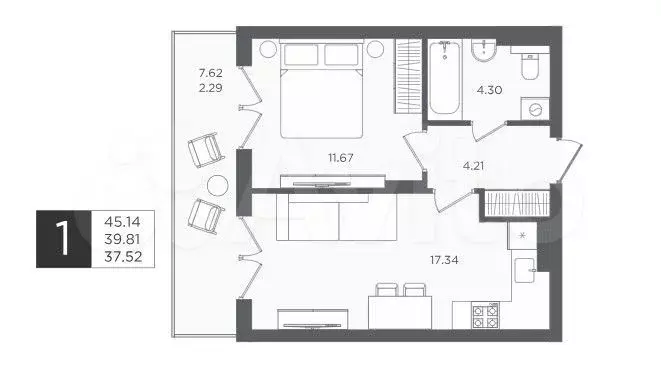 1-к. квартира, 45,1 м, 2/4 эт. - Фото 1