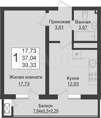 1-к. квартира, 39,3м, 10/16эт. - Фото 1