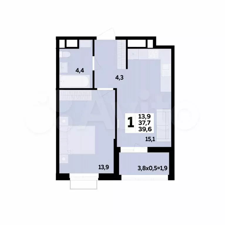1-к. квартира, 39,6 м, 3/16 эт. - Фото 0