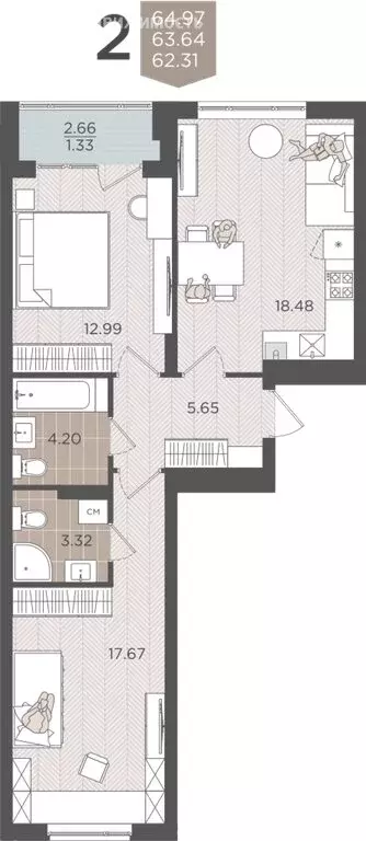 2-комнатная квартира: Калининград, Батальная улица, 65Б (63.64 м) - Фото 0