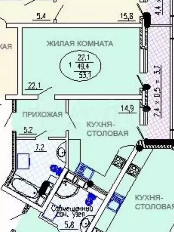1-к. квартира, 49,4 м, 5/24 эт. - Фото 0