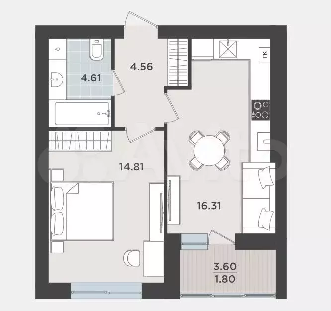1-к. квартира, 42,1 м, 8/9 эт. - Фото 1