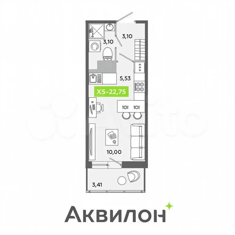 Квартира-студия, 22,8м, 4/12эт. - Фото 1