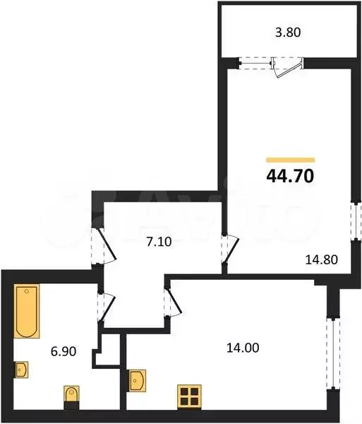 1-к. квартира, 44,7 м, 1/4 эт. - Фото 1