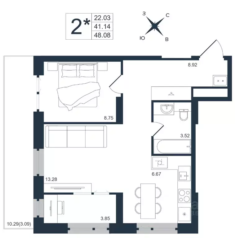 2-к кв. Приморский край, Владивосток Архитектор жилой комплекс (48.08 ... - Фото 1