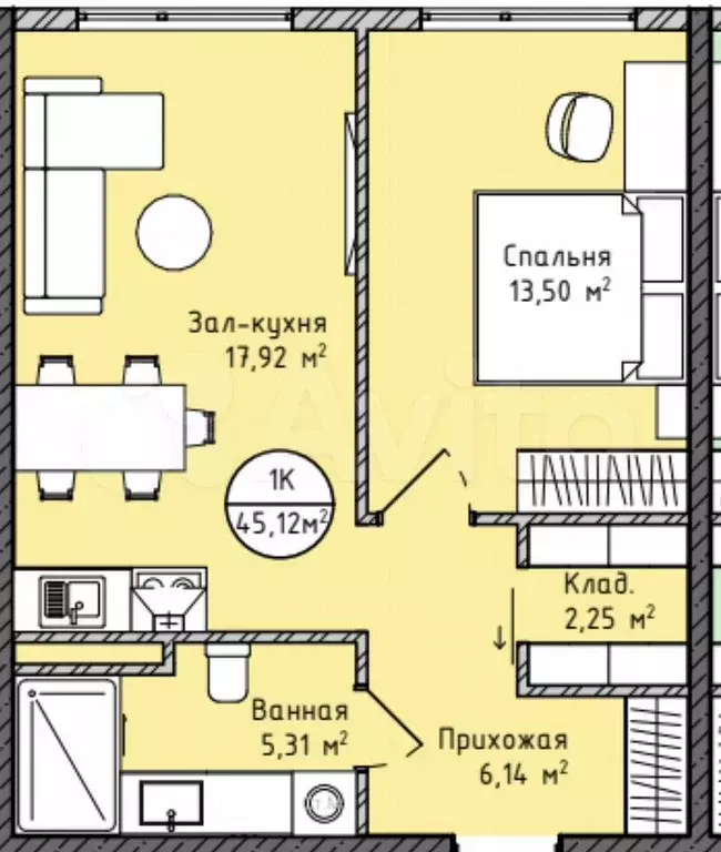 1-к. квартира, 45,1 м, 8/14 эт. - Фото 1