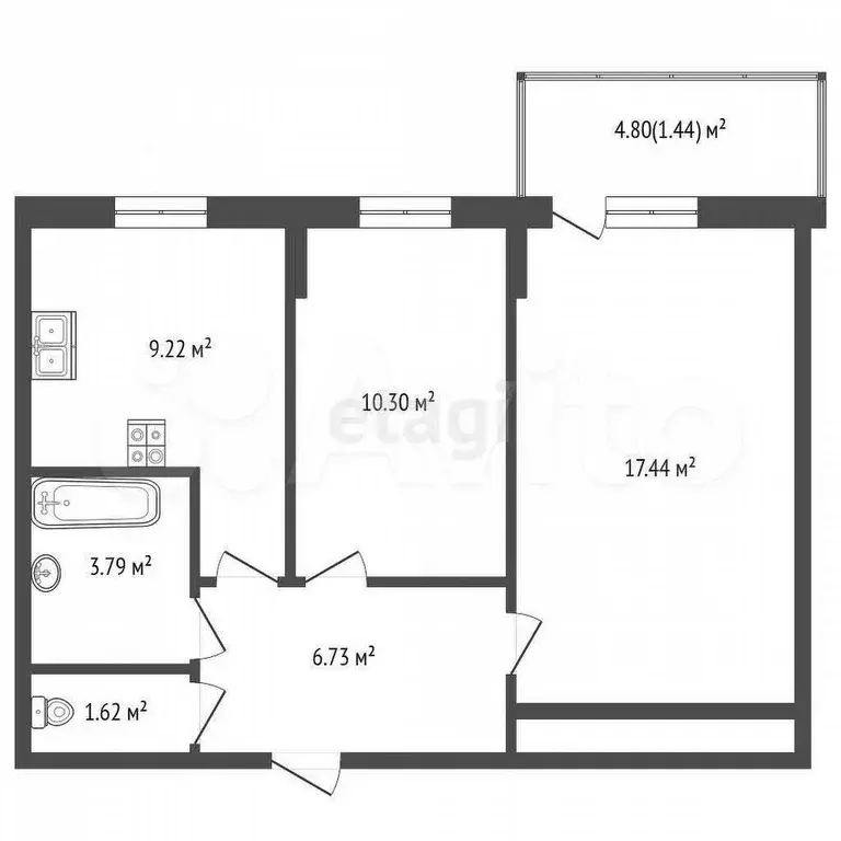 2-к. квартира, 48,9 м, 4/9 эт. - Фото 0