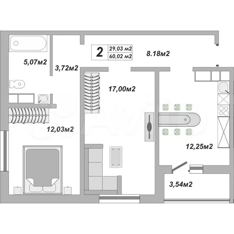 2-к. квартира, 60 м, 25/25 эт. - Фото 0