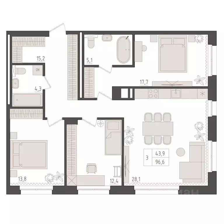 3-к кв. Башкортостан, Уфа 563-й кв-л,  (96.6 м) - Фото 1