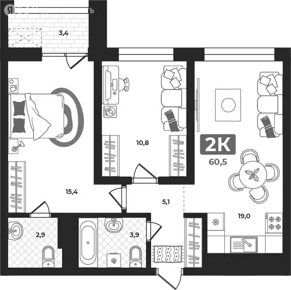 2-комнатная квартира: Тюмень, улица Разведчика Кузнецова, 16 (57.1 м) - Фото 1