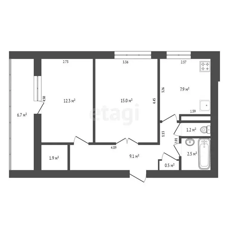 2-комнатная квартира: Зерновое, Школьная улица, 13 (53.8 м) - Фото 1