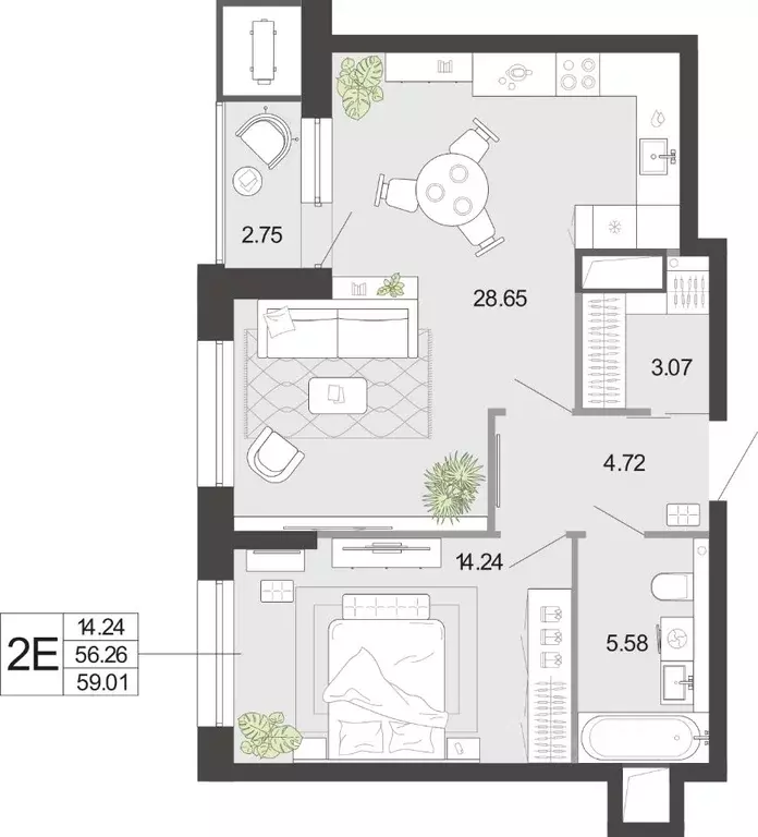1-к кв. Тульская область, Тула Премьер Парк жилой комплекс (59.01 м) - Фото 2