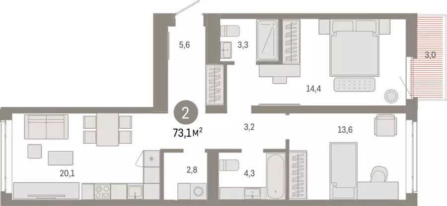 2-комнатная квартира: Тюмень, Ленинский округ (73.12 м) - Фото 1