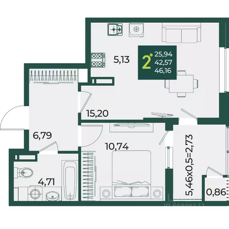 2-к кв. Краснодарский край, Краснодар Образцово мкр,  (46.16 м) - Фото 1