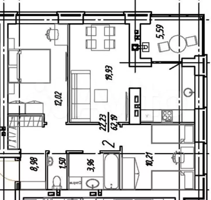2-к. квартира, 63 м, 5/5 эт. - Фото 0