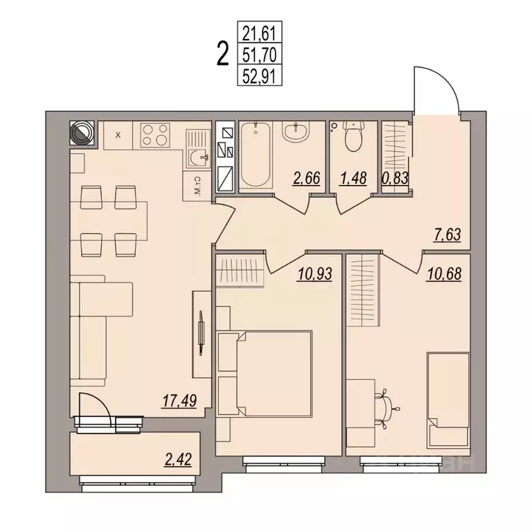 2-к кв. Волгоградская область, Волгоград ул. Дымченко, 9 (52.91 м) - Фото 1