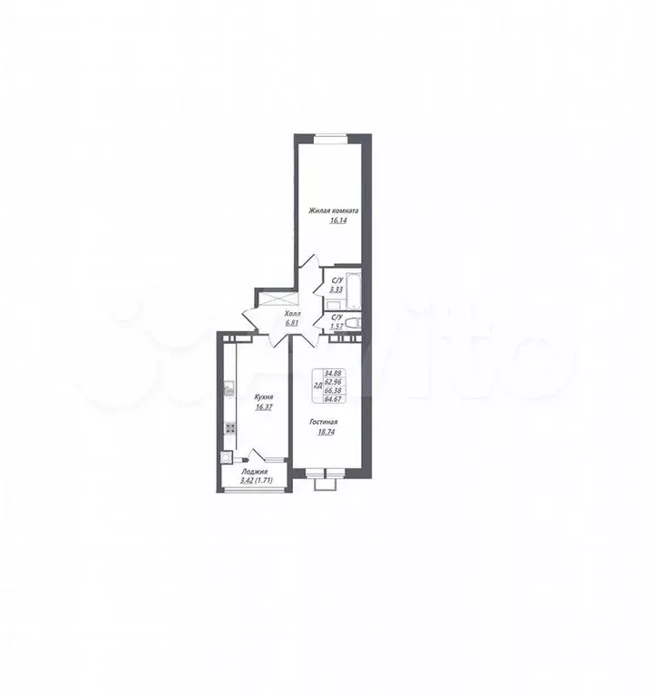 2-к. квартира, 64,7 м, 7/8 эт. - Фото 1