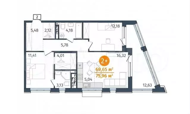 2-к. квартира, 70 м, 3/18 эт. - Фото 0