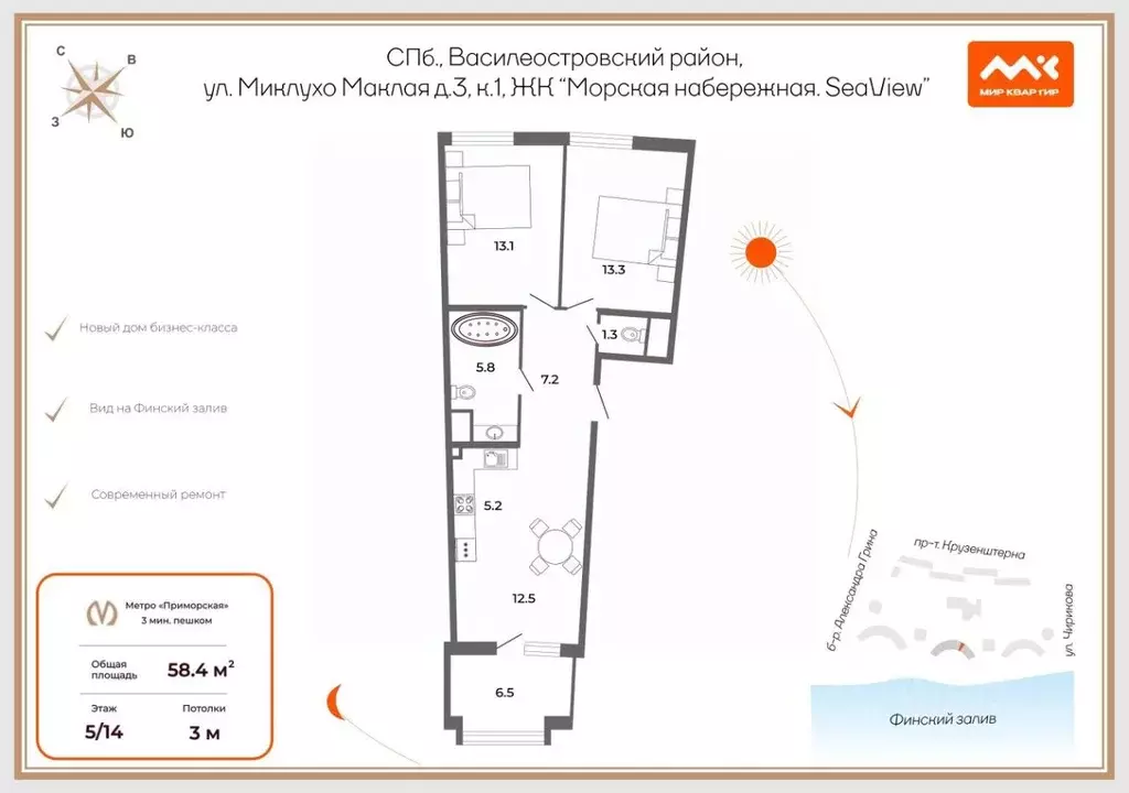 3-к кв. Санкт-Петербург наб. Миклухо-Маклая, 3к1 (58.4 м) - Фото 2