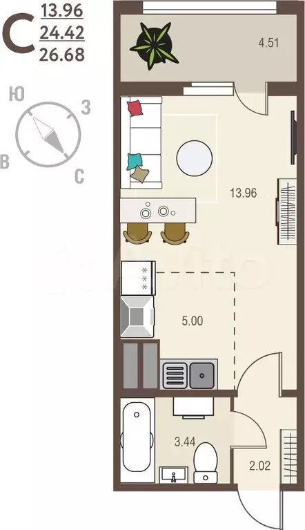 Квартира-студия, 26,7 м, 3/17 эт. - Фото 0