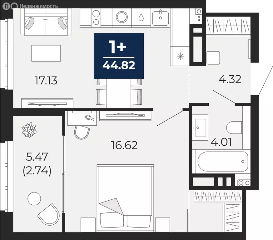 1-комнатная квартира: Тюмень, Ленинский округ, ЖК Беринг (44.82 м) - Фото 1
