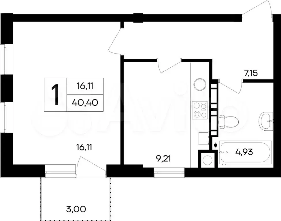 1-к. квартира, 40,4 м, 4/4 эт. - Фото 1