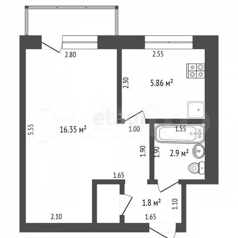 1-к. квартира, 27,7 м, 2/4 эт. - Фото 0