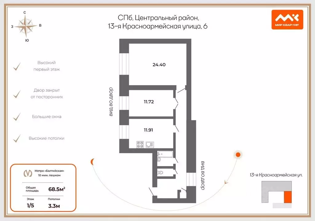 2-к кв. Санкт-Петербург 13-я Красноармейская ул., 6 (68.5 м) - Фото 1