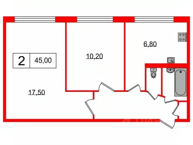 2-к кв. Санкт-Петербург Софийская ул., 41К2 (45.0 м) - Фото 1